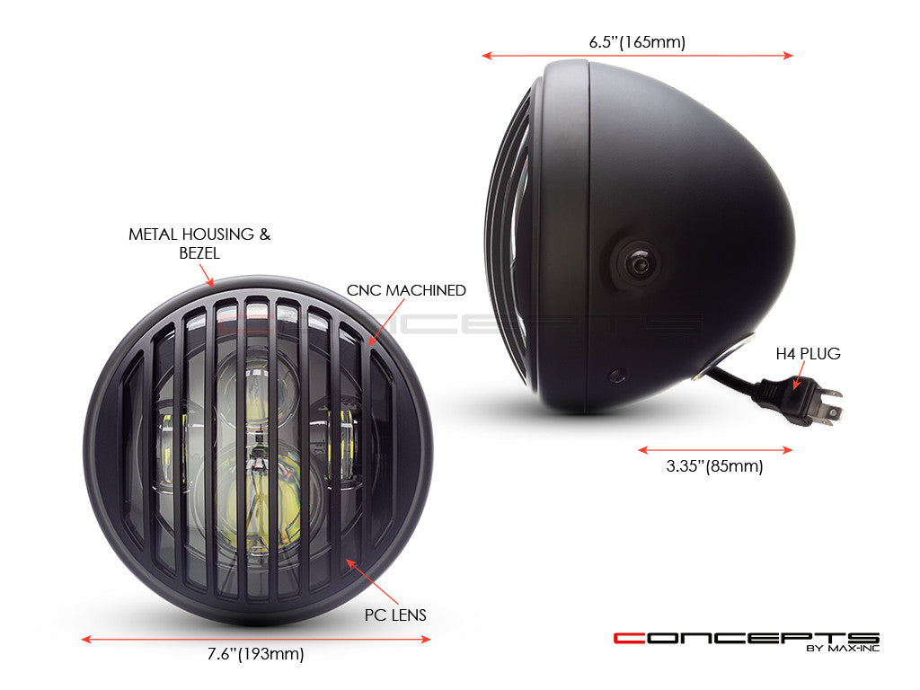 7.7" Matte Black Multi Projector LED Headlight + Vent Grill Cover-Size