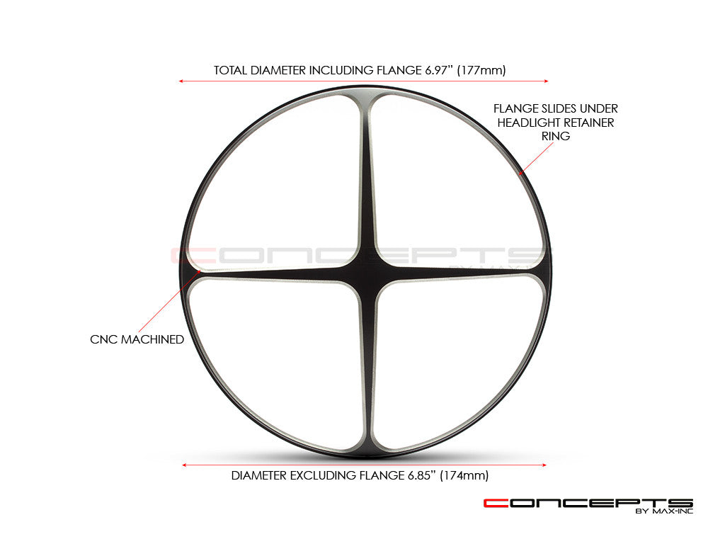 Cross Design 7" Black + Contrast Cut CNC Aluminum Headlight Guard Cover