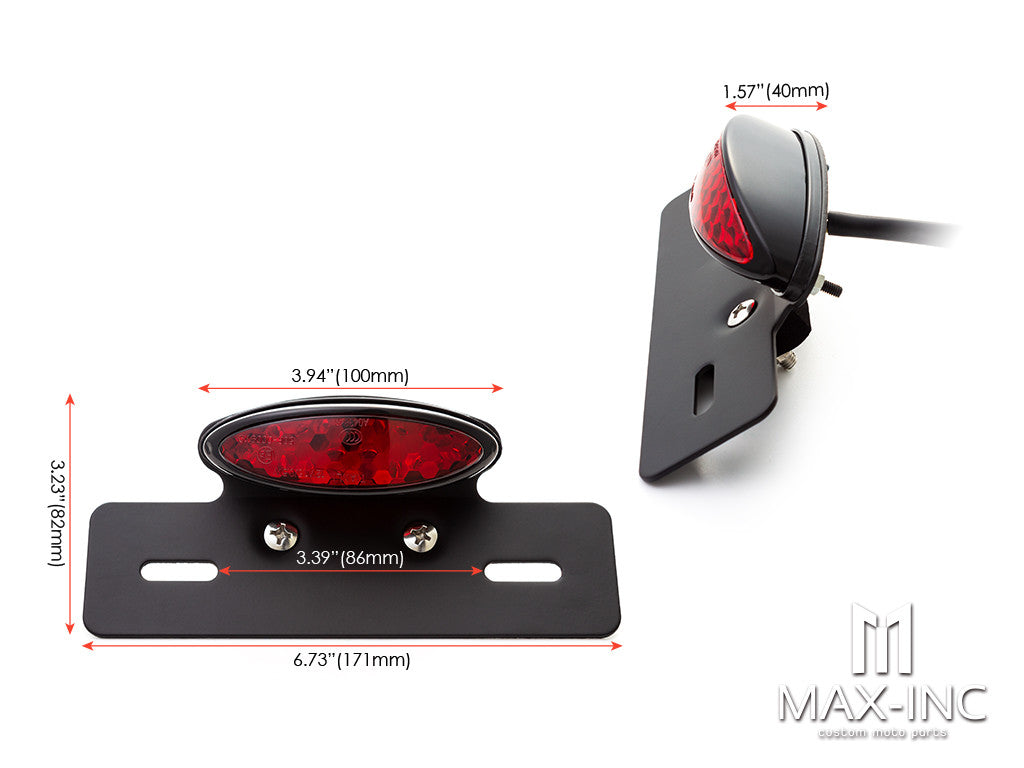 Black Oval LED Stop / Tail Light + License Plate Holder - Red Lens