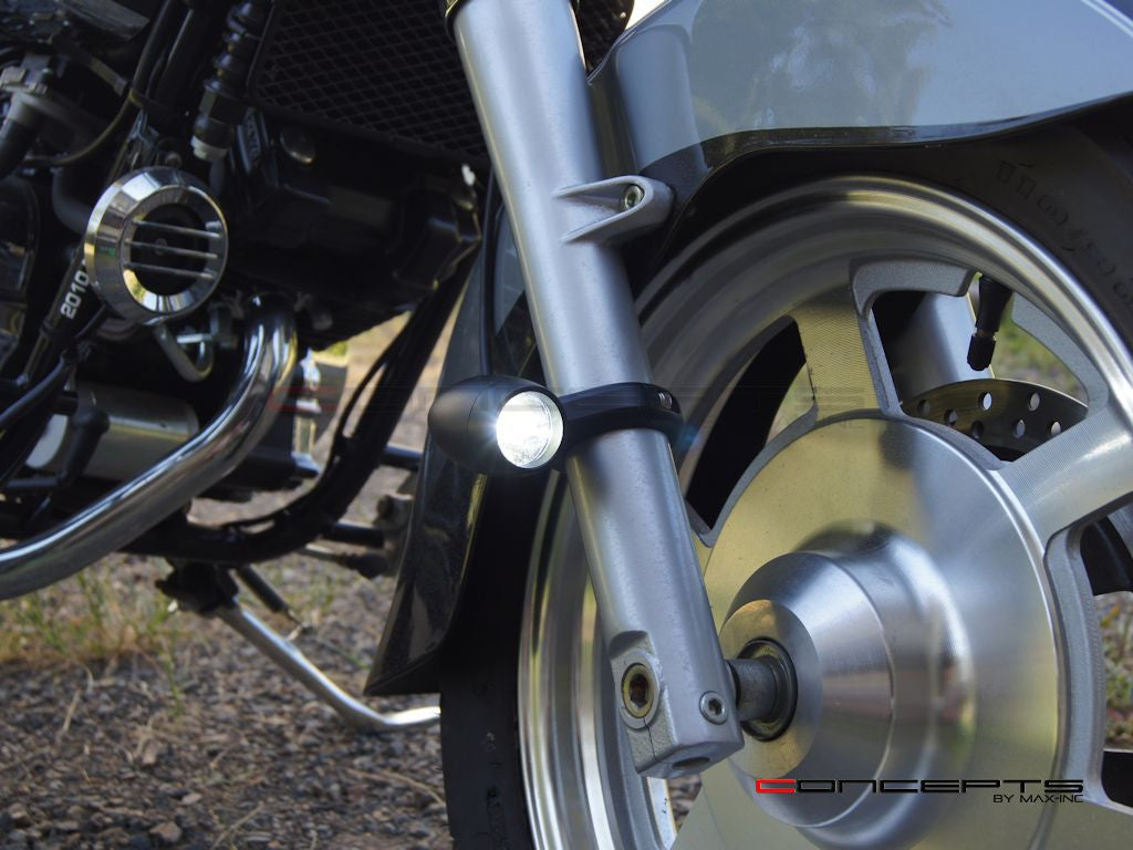 Matte black LED motorcycle spot fog light kit with fork clamps
