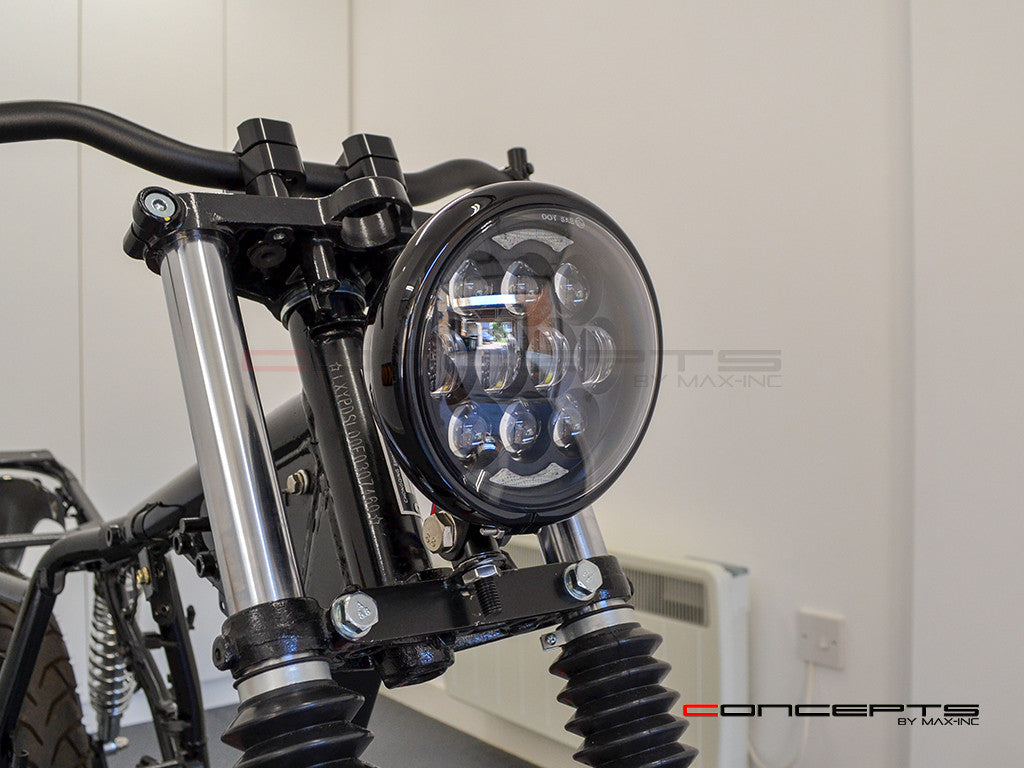 5.75" Bates Style LED Multi Projector Gloss Black Metal Headlight - 12-24V 80W CREE LED, DRLs for Harley, Custom Bikes, Scramblers, Cafe Racers