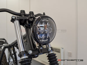 5.75" Bates Style LED Multi Projector Gloss Black Metal Headlight - 12-24V 80W CREE LED, DRLs for Harley, Custom Bikes, Scramblers, Cafe Racers