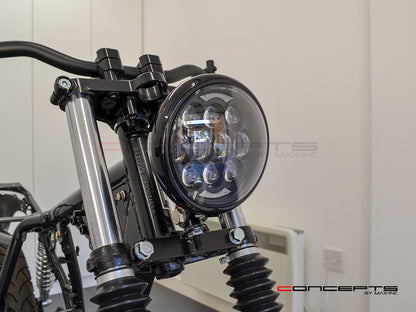 5.75" Bates Style LED Multi Projector Gloss Black Metal Headlight - 12-24V 80W CREE LED, DRLs for Harley, Custom Bikes, Scramblers, Cafe Racers