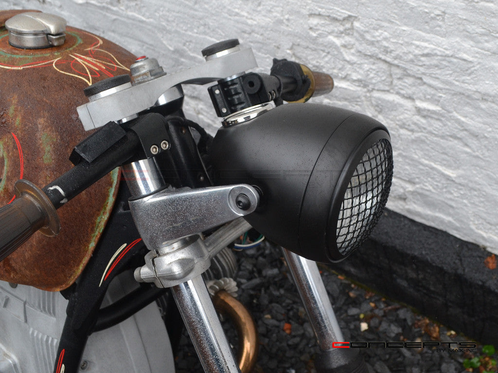5.75" Vintage Style Black + Mesh Metal Headlight with Integrated GPS Speedometer - 55W Halogen, DOT/E-mark, IP67 Waterproof for Custom Bikes