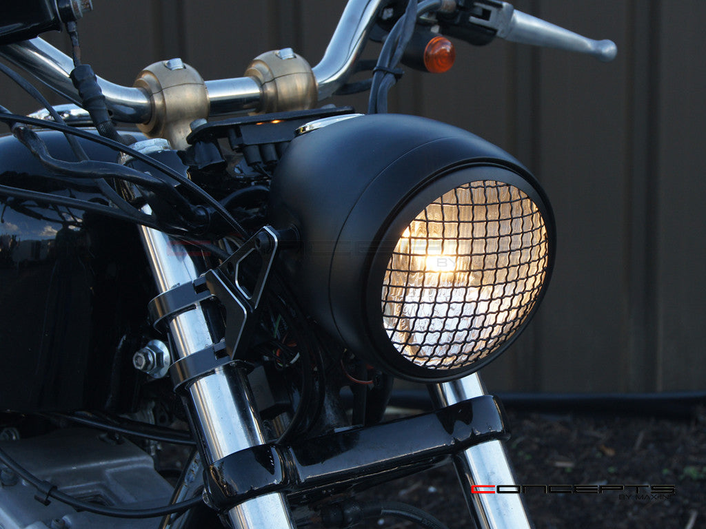 Vintage Style Black Mesh Metal Headlight with Integrated GPS  Speedometer 55W Halogen, DOT/E-mark, IP67 Waterproof for Custom Bikes