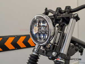 5.75" Bates Style LED Multi Projector Gloss Black + Chrome Metal Headlight - 12-24V 80W CREE LED, DRLs for Harley, Custom Bikes, Scramblers, Cafe Racers
