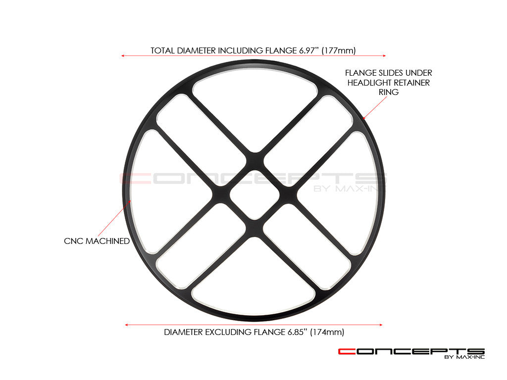 7" Titan Grille Design Black + Contrast CNC Aluminum Headlight Guard Cover
