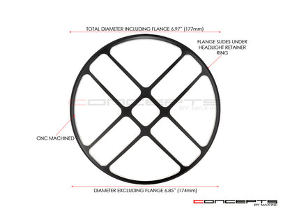 7" Titan Grille Design Black + Contrast CNC Aluminum Headlight Guard Cover