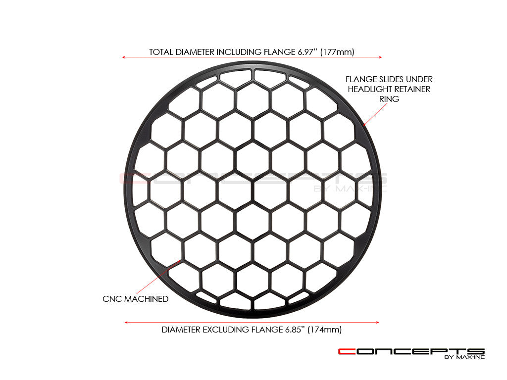 7" Honeycomb Grille Design Black CNC Aluminum Headlight Guard Cover