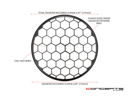 7" Honeycomb Grille Design Black + Contrast CNC Aluminum Headlight Guard Cover