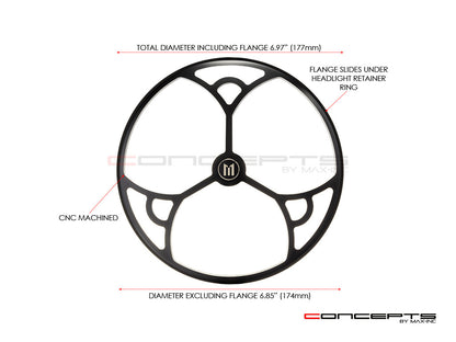 7" Tri-Deco Grille Design Black + Contrast CNC Aluminum Headlight Guard Cover