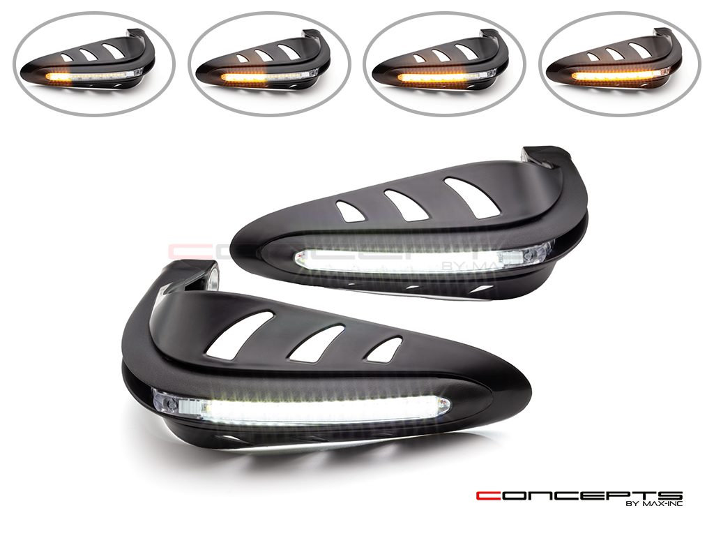 Black Universal LED Handguards with Integrated Daytime Running Lights + Turn Signals - Cool White / Amber