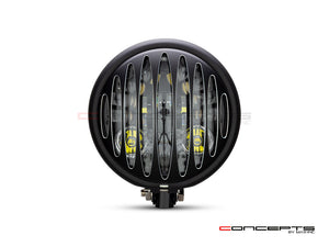 5.75 INCH MATTE BLACK BATES LED MOD INTEGRATED HEADLIGHT - DRL+ TURN SIGNALS - PRISON GRILL  Front