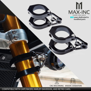 CNC Machined Aluminum Headlight Brackets – Adjustable Fork Clamps 32-59mm for Cafe Racers & Custom Motorcycles (Black Anodized)