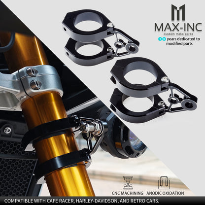 CNC Machined Aluminum Headlight Brackets – Adjustable Fork Clamps 32-59mm for Cafe Racers & Custom Motorcycles (Black Anodized)