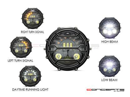 7 Inch Round CNC Machined Aluminum LED Headlight - STRATA Grill with Integrated Turn Signals