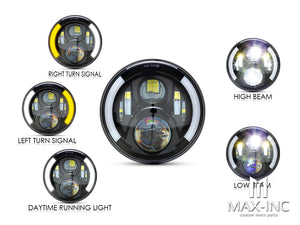 7" LED Headlight w/ Half Moon Turn Signals - 60W 3000LM, H4 Plug, DRL+Amber Signals, 6000K