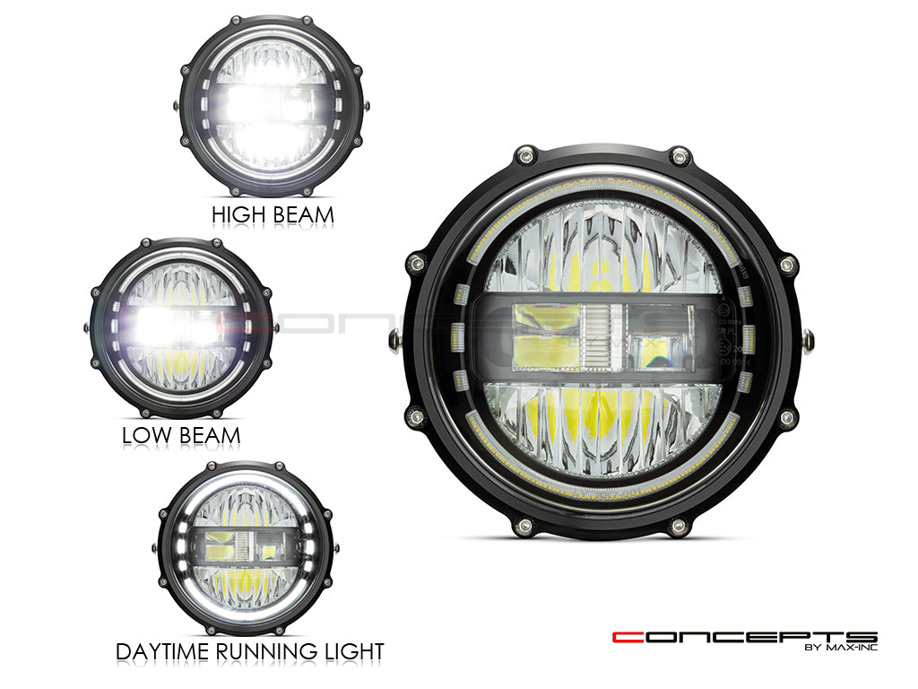 MONZA 7 INCH BLAC  K CNC MACHINED ALUM LED HEADLIGHT (DRL, Emark/Dot,H4)