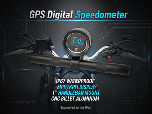 GPS Digital Speedometer - Matte Black CNC 1" Handlebar Mount for Motorcycles (MPH/KPH, IP67 Waterproof)
